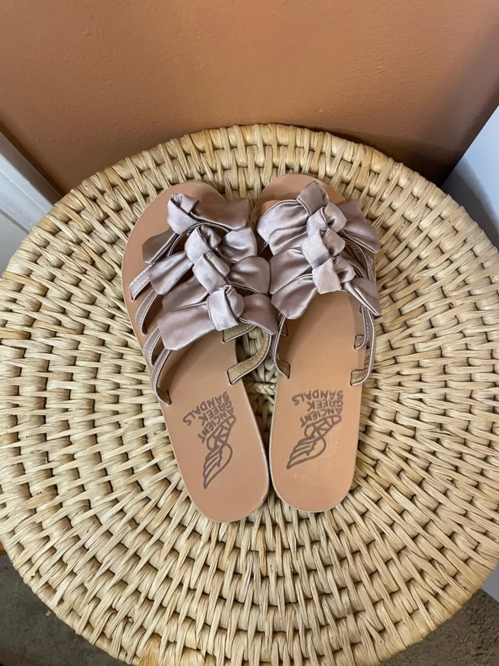 Ancient Greek Sandals Hara Natural Lotus Satin Flats in Rose Taupe Size 37